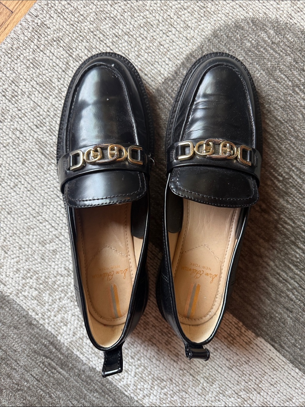 Sam Edelman Black Leather Loafers with Gold Buckle